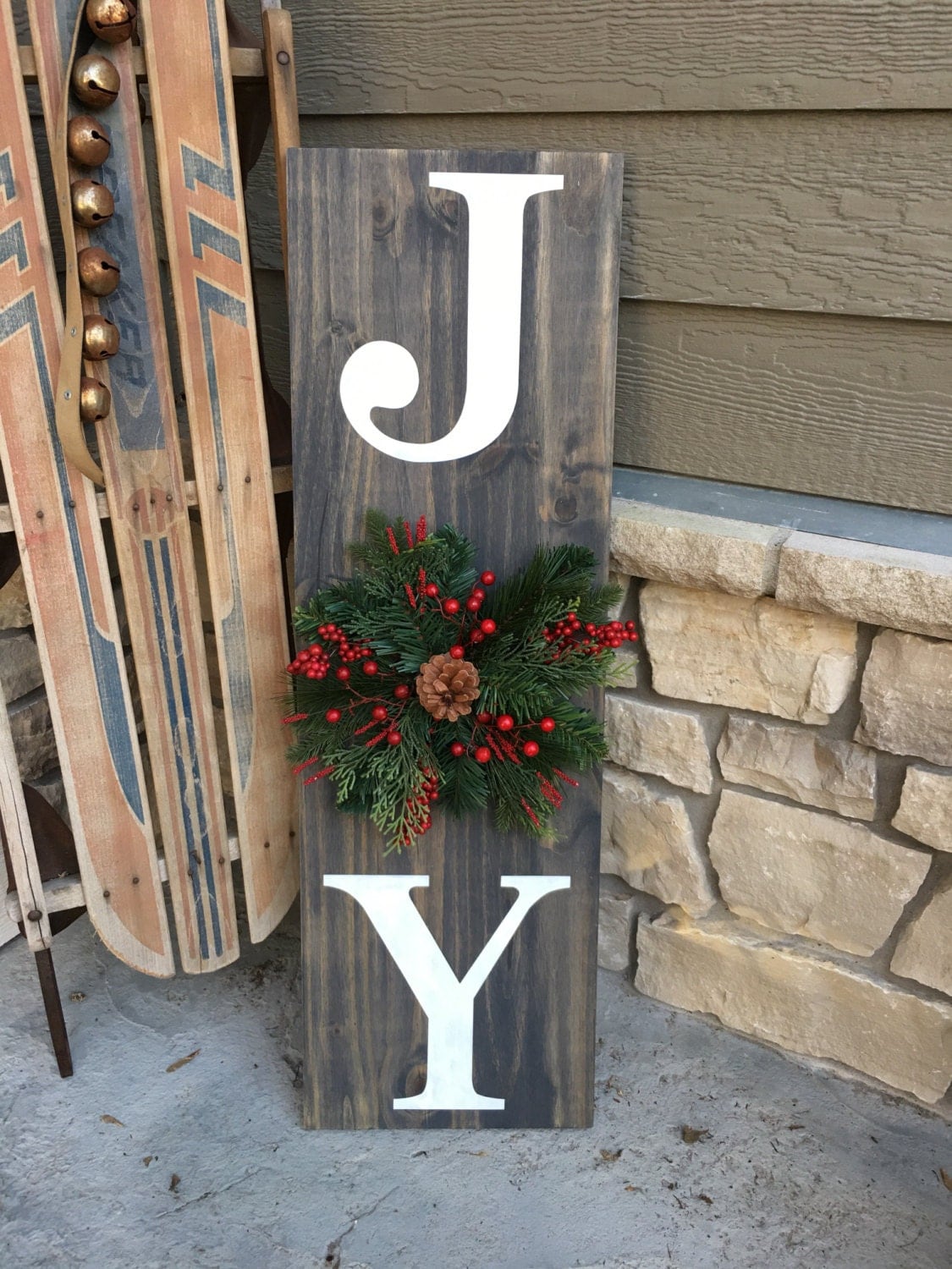 Joy Wood Holiday Sign with Wreath Front Porch Decor