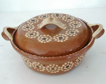 Vintage Mexican Pottery Covered Casserole, Hand Painted Redware, Dots...Primo Condition