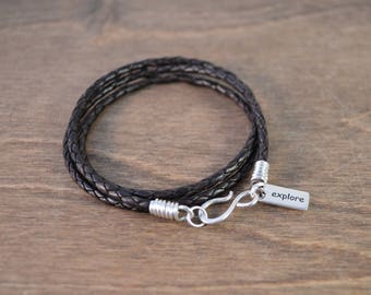Explore - Inspirational Wrap Bracelet - 925 Sterling Silver & Braided Leather