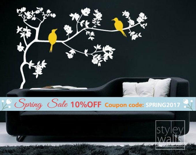 Branch and Birds Wall Decal, Birds on Branch with Leaves Vinyl Wall Decal, Branch Wall Sticker for Home Decor, Branch Wall Decal