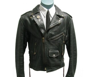 Black Leather Side Lace Motorcycle Jacket with Pink Heart Harley Davidson Patch on Built in Kidney Belt and Brass Hard Wear Fits Size Large