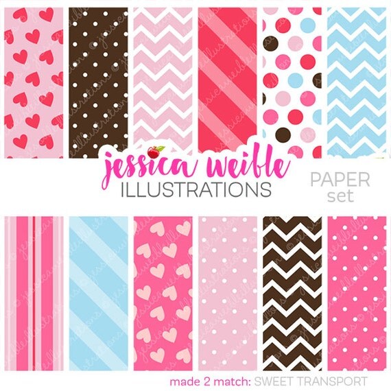 Sweet Transport Cute Digital Papers - Commercial Use OK - Valentine Pink Backgrounds, Valentine Papers Il_570xn