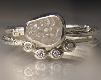 White Raw Diamond Engagement Ring, Rough Diamond Wedding Set, Uncut Diamond Twig Ring