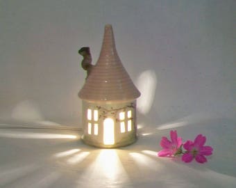 Garden Fairy House/ Night Light - with a Pink Roof and a Chimney - Hand Made on Pottery Wheel - Hand Painted Vine - Ready to Ship