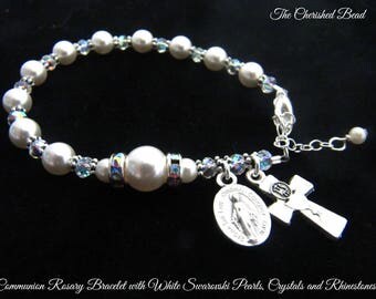 Traditional Catholic First Communion Rosary Bracelet with Swarovski Pearls, Crystals and Rhinestones