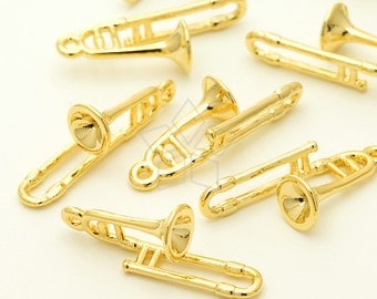 PD-1659-GD / 2 Pcs - Trombone Charm, Horn Pendant, Miniature Trumpet, Silver Plated over Brass / 8mm x 22mm