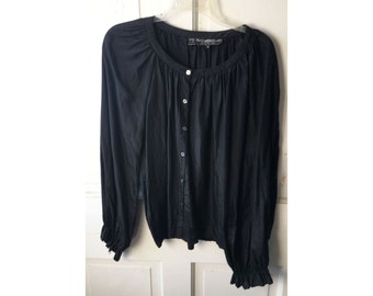 Vintage Black Silk Peasant Blouse 1970s Boho Fashion Shirt Pierre Cardin Chemise