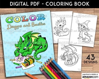 Color Dragons and Beasties - Kids / Adult Coloring Pages - Cute Printable Fantasy Art - Digital Coloring Book