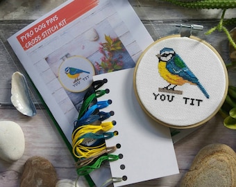 Blue Tit Cross Stitch KIT 4" Modern Hoop Wall Art - Wall Decor