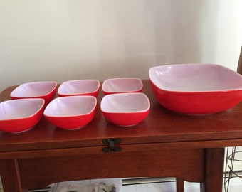 Pyrex Hostess Bowl RED Bowl with 6 Smaller square bowls 12 oz Vintage Kitchen Red Kitch Pyrex 7 Bowl set Cherry Red