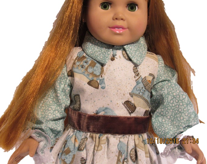 dress - jumper with blouse for winter wear with snowman print in tan and aqua fits 18 inch dolls