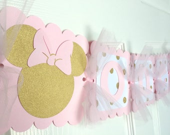 Pink and Gold Minnie Mouse Birthday Banner , birthday party decor, First Birthday, Highchair banner sign, 1st birthday, pink gold decoration