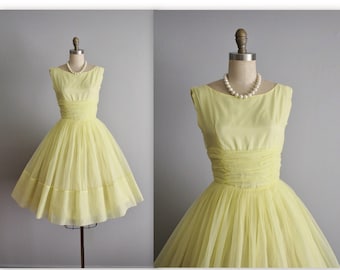 50's Chiffon Dress// Vintage Lemon Yellow Chiffon Full Wedding Party Prom Dress S