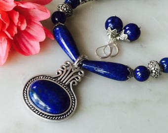 Blue-On-Blue designer pendant Lapis Lazuli navy blue necklace earrings set, big, bold, cobalt blue, mothers day gift, beaded, gift for wife