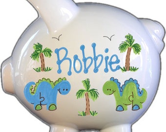 Personalized Piggy Bank with Dino Design | White | Blue and Green | Large | Baby Gift | Free Shipping