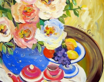 Tea for Two Original Painting canvas art 20 x 24 Fine art by Elaine Cory