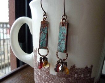 Verdigris Patina Bars with Citrine Pyrite and Mozambique Garnet Briolette Earrings, Rustic, Bohemian, Boho Chic, Dangle Earrings