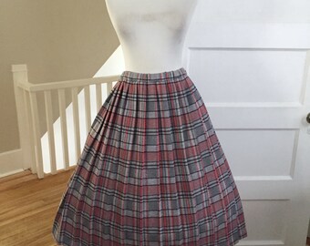 VINTAGE 1960s High Waisted Red and Gray Plaid Full Pleated Skirt