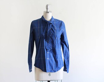 Vintage Plaid Cotton Blouse / Ascot Blouse / Cotton Blouse