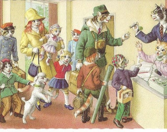 Vintage Alfred Mainzer Anthropomorphic Dressed Cats by Eugen Hartung Postcard Printed in Belgium, 1970s
