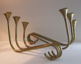 Pair of Solid Brass Triple Candle Holders - Scroll Design - Mantel Display - Table Centerpieces