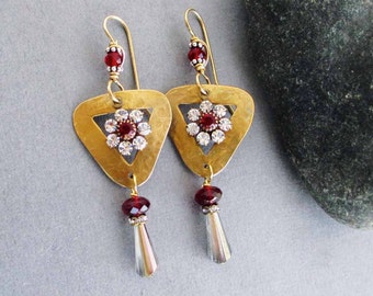 Genuine Garnet Earrings Red Flower Earrings with Crystal Drops Boho Art Deco Long Dangles January Birthstone Valentines Day Jewelry