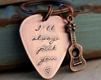 Hand Stamped Guitar Pick Key Chain / Personalized Guitar Pick / Custom Copper Guitar Pick / I'll always pick you
