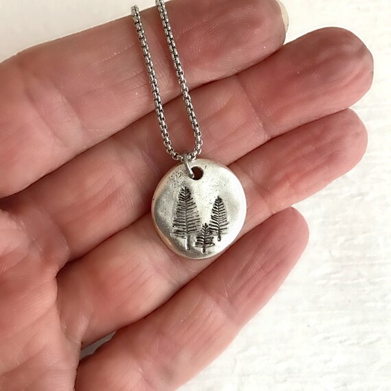 Pine Tree Necklace hand stamped pewter charm pendant nature