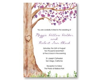 Watercolor Wedding Invitations, Purple with Tree and Hearts, Custom Printed with RSVP Cards and Envelopes, 20 Pieces Per Order
