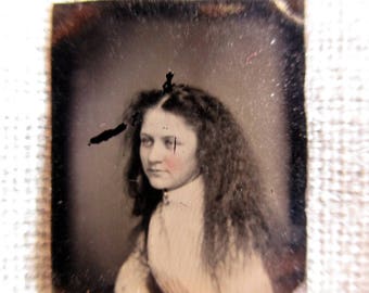 antique miniature gem tintype photo - 1800s, pretty woman with long frizzy hair