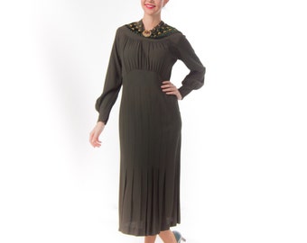 1930's Sage Green Art Deco Dress/ 30's Bishop Sleeves Day Dress