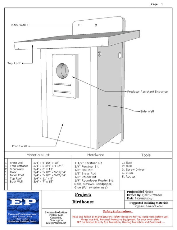 Drawing Pattern for DIY Wood Outdoor Bird House - Easy Project to Make Your Own Garden Bird House - NOT a Finished Item - Item 4808