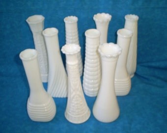 SALE Set of 10 Vintage, Milk Glass vases. Was 34.00.