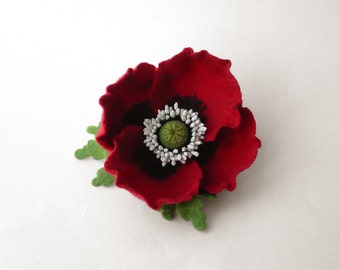 Felt brooch red poppy flower, ready to ship