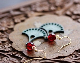 Patina Bohemian Earrings Red Bead Verdigris Tribal Dangles Filigree Boho Earrings Turquoise Gypsy Jewelry Ethnic Bohemian Jewelry - E332