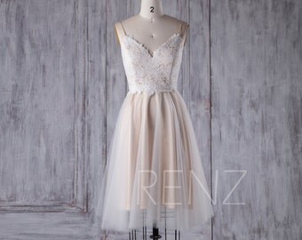 2017 Off White Lace Tulle Bridesmaid Dress, V Neck Wedding Dress, A Line Party Dress, Cute Short Cocktail Dress Floor Length (LS262)