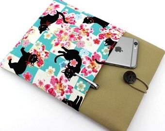 Kindle Paperwhite Cover, kimono Tablet Sleeve ereader Sleeve, Kindle Oasis case, Cat Cherry Blossoms Light Blue