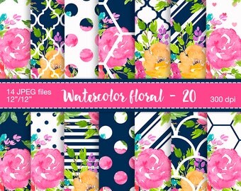 Floral Digital Paper, Watercolor floral, Digital paper, Planner stickers resources, Watercolor digital paper, Digital pattern, Paper flowers