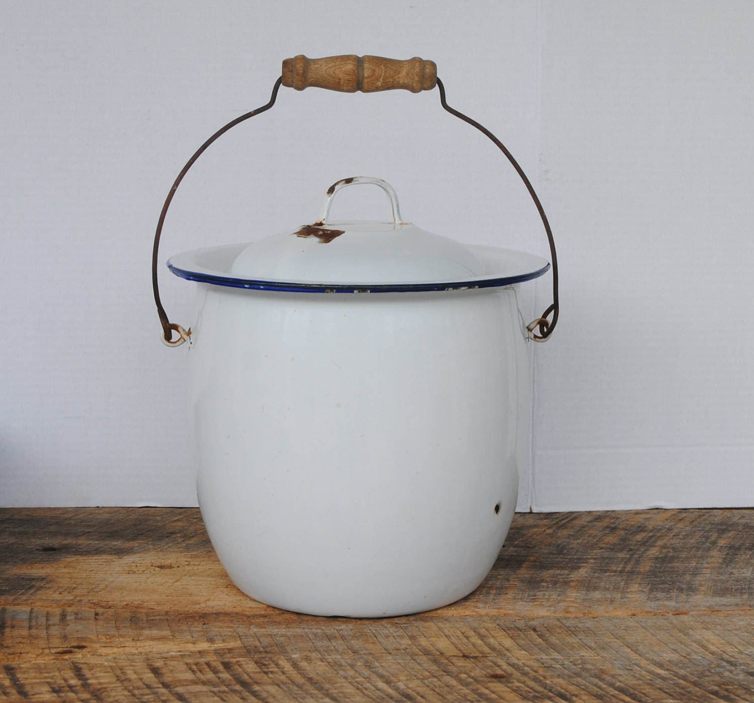 Vintage Chamber Pot Or Diaper Pail White Enamelware and Blue