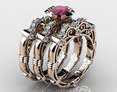 Art Masters Caravaggio Trio 14K Rose Gold 1.0 Ct Deep Red Ruby White Diamond Engagement Ring Wedding Band Set R623S3-14KRGDDRR