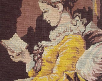 Vintage French needlepoint canvas tapestry embroidery - Young woman reading by Fragonard The Reader - La Liseuse