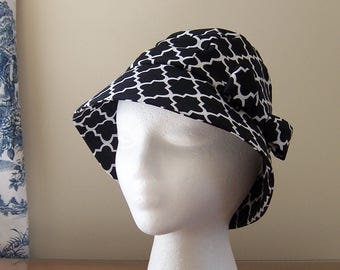 Chemo Hat Cloche Style Cotton Print in Contemporary Black and White Design, satin lined with fabric bow, Cancer Patient Gift, Ready to Ship