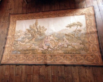 Antique French tapestry wall hanging art decor 1900s Chateau wall tapestry w elegant scene French boudoir home decor wall tapestries