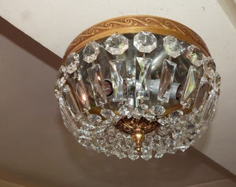Vintage French crystal prism bronze chandelier lighting fixture ceiling light lighting Chateau boudoir prism lamp w facetted lustres beads
