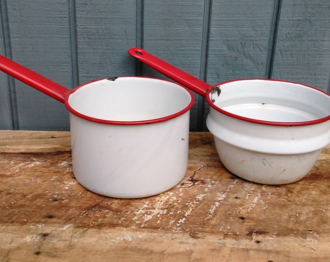 Vintage Enamel Pans - White Enamel Pan - Red Enamel Pans