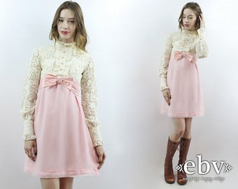 Tuxedo Dress Pink Dress Pink Bow Dress Lace Dress Crochet Dress Babydoll Dress 70s Dress 1970s Dress 70s Party Dress Dolly Dress XS