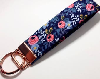 Navy Rosa Rifle Paper Co Key Fob rose gold Key Fob Wristlet Key fob key holder Floral key fob unique keychain key chain key strap