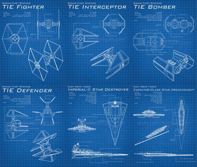 Star Wars Galactic Empire Blueprints Art Prints set TIE