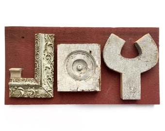 JOY sign, handmade wood sign, reclaimed wood sign, christmas sign, mixed media assemblage art by Elizabeth Rosen