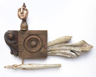 primitive BIRD GIRL, abstract mixed media assemblage, found object art, bird sculpture, folk art bird, by Elizabeth Rosen